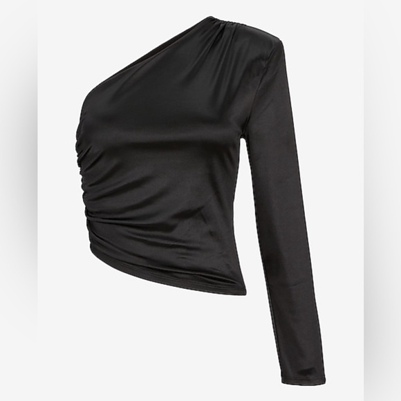 Satin Draped One Padded Shoulder Ruched Top - Picture 3 of 7